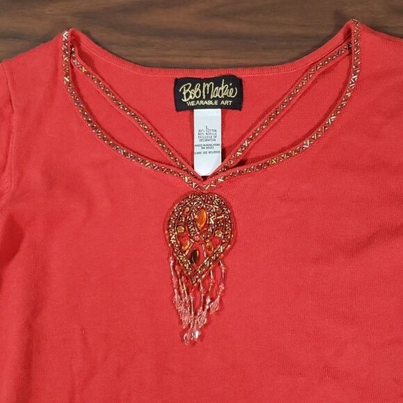 Bob Mackie Wearable Art Cut Out Neckline Necklace Look Beaded Rust Sweater Large - Picture 4 of 9